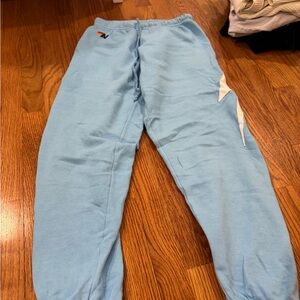 Aviator Nation Light Blue Joggers with White Lightning Bolt Detail